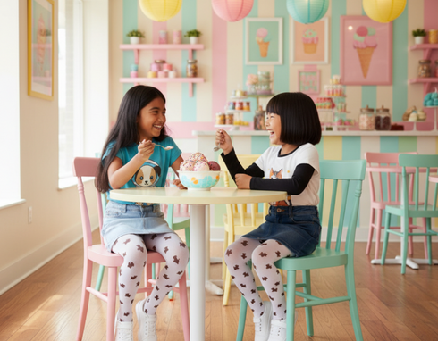 Two children sitting at a table in a colorful playroom.