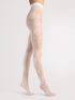 Sheer white stockings with floral lace pattern worn by a person on a light gray background