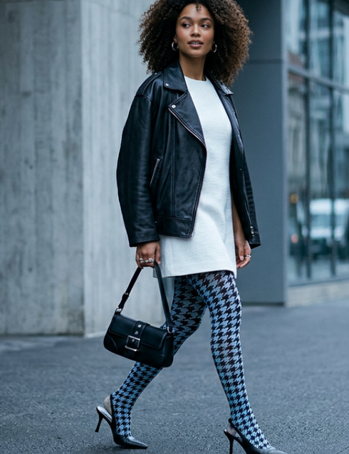Woman walking on a city street wearing a black leather jacket, white shirt, blu and black tights, and high heels.