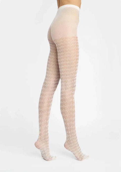 White open-knit tights worn by a person on a white background