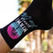 Close-up of black crew socks with a text and palm tree graphic, Miami Summer Cotton Crew Socks.