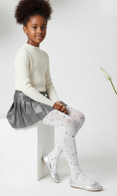 Child sitting on a stool wearing a white sweater, gray skirt, and white shoes with polka dots.