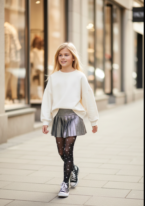 Young girl walking on a city street wearing a white sweater, patterned skirt, and black sneakers.