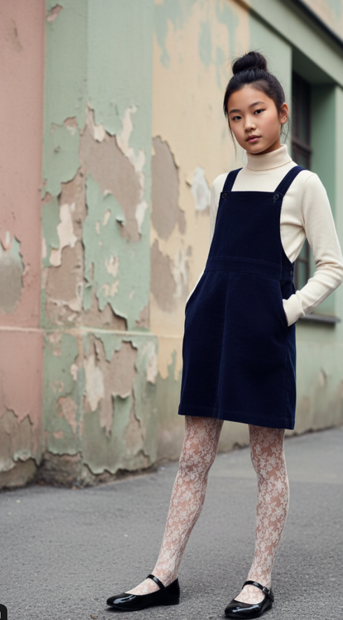 PRE-TEEN wearing a navy pinafore dress over a white turtleneck against a peeling wall.