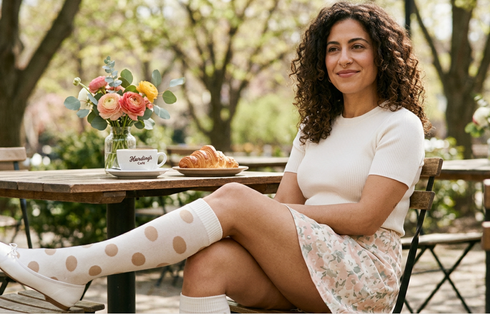 Woman sitting at an outdoor table with a cup of coffee and pastries, surrounded by greenery.