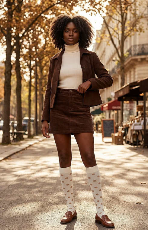 Woman in a brown jacket and skirt standing on a street with trees and buildings in the background.