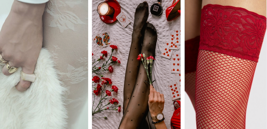 Three images: a close-up of a hand holding a ring, a person wearing black stockings with red flowers, and a close-up of red fishnet stockings.