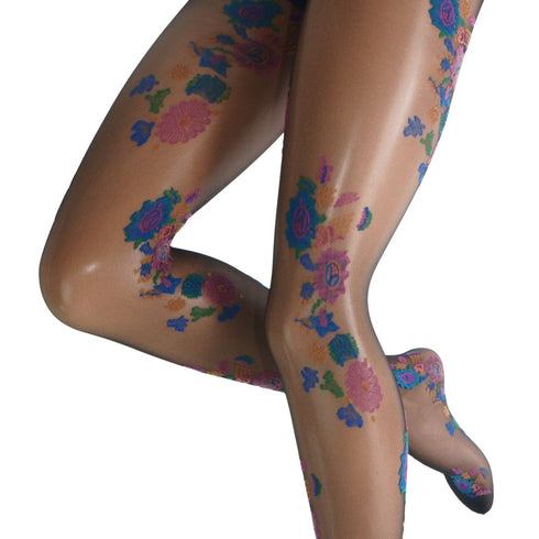 Colorful floral-patterned tights on a white background