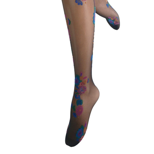 Colorful floral-patterned socks on a white background