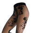 Black floral lace pattern on sheer black stockings against a white background