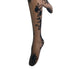 Sheer stockings with black floral pattern on a white background