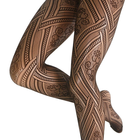 Patterned tights worn by a person on a white background
