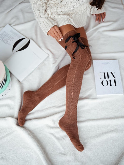 Cotton Open-Knit Over-The-Knee Socks Satin Ribbon Accent-Shop Leg Appeal