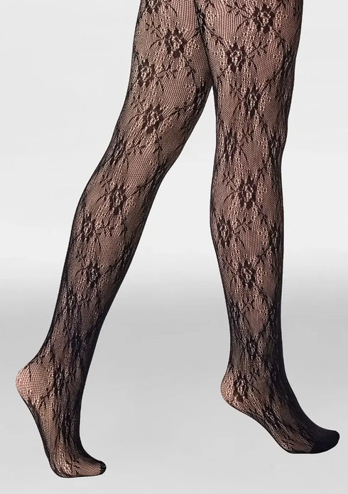 Black lace fleeced lined fishnet stockings on a white background