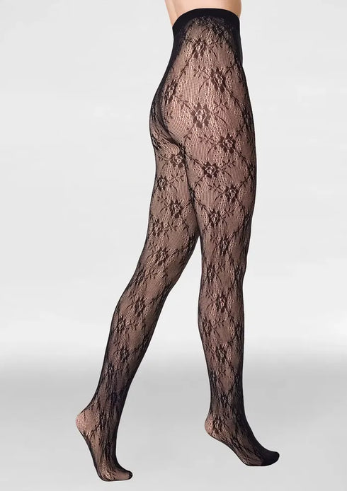 Black lace fleeced lined fishnet stockings on a white background