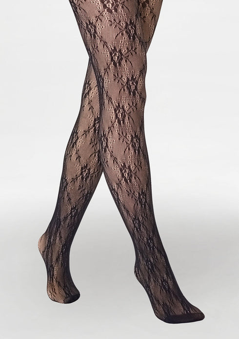 Black lace fleeced lined fishnet stockings on a white background