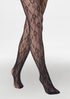 Black lace fleeced lined fishnet stockings on a white background