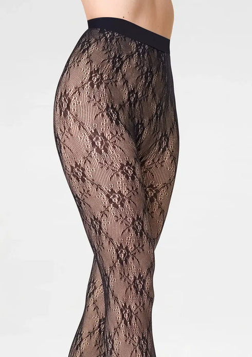 Black lace fleeced lined fishnet stockings on a white background