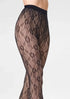 Black lace fleeced lined fishnet stockings on a white background