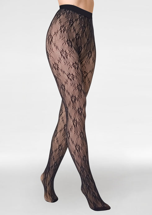 Black lace fleece lined tights worn by a model on a white background with text.