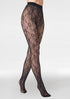 Black lace fleece lined tights worn by a model on a white background with text.