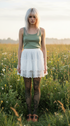 Woman in a green tank top and white lace skirt standing in a field.