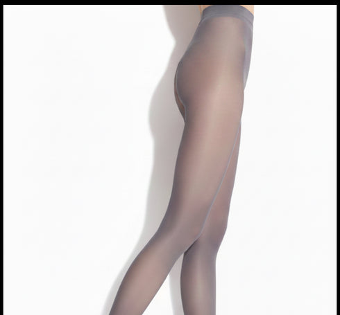grey sheer stockings worn with black high heels on a white background