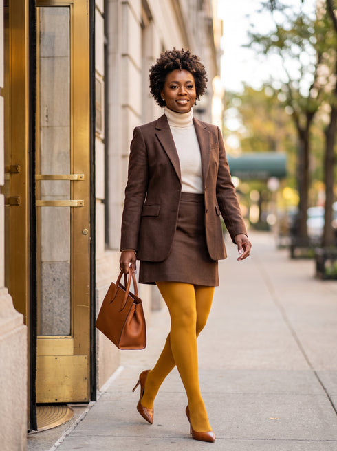 Model wears mustard tights with a brown suit, beige turtleneck, and matching heels, Classic Cotton Tights.