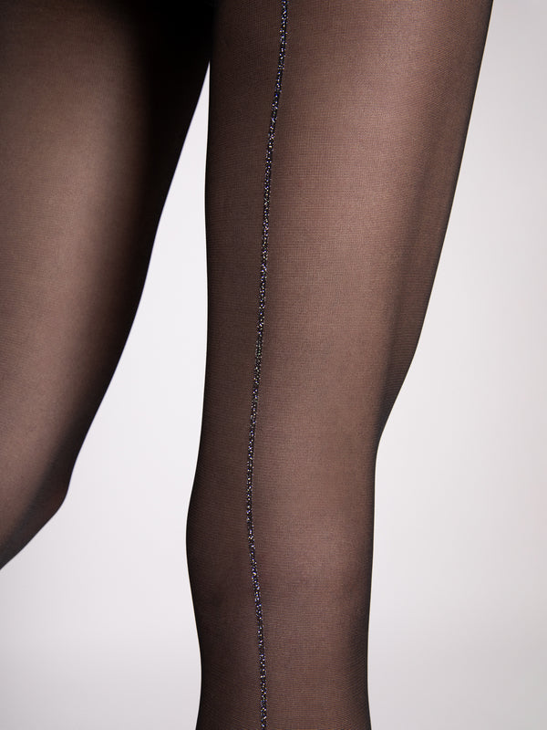 Black tights with a thin silver seam line on a white background