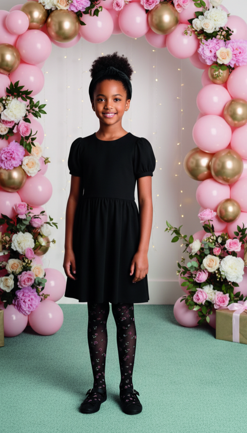 Young girl in a black dress standing in front of a decorative arch with balloons and flowers.