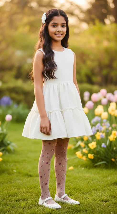 Young girl in a white dress standing in a garden with flowers