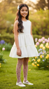 Young girl in a white dress standing in a garden with flowers