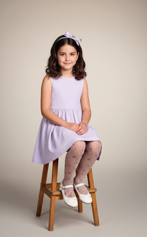 Young girl in a light purple dress sitting on a wooden stool against a plain background