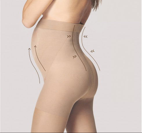 Beige shapewear worn by a model on a plain background maternity hosiery