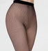 Fishnet tights worn by a person on a white background with brand logo.