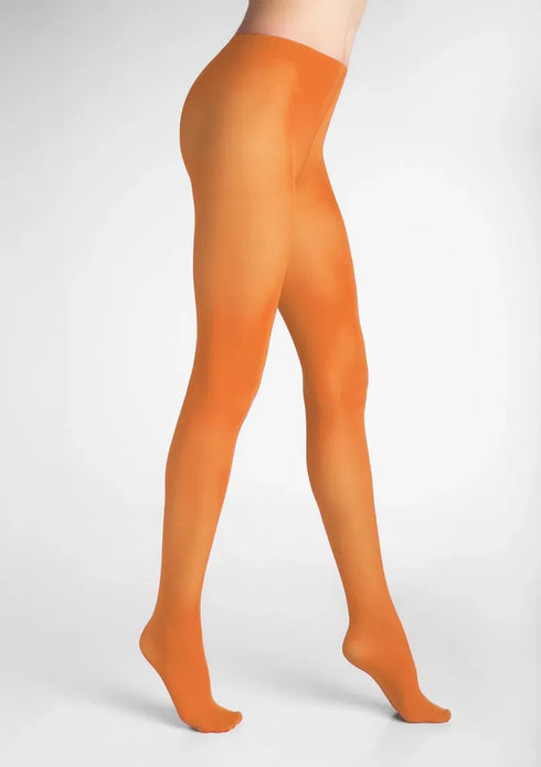 Orange tights worn by a person on a white background