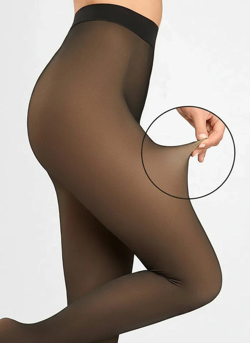 sheer illusion thermal tights worn by a person on a light gray background