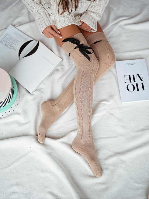 Cotton Open-Knit Over-The-Knee Socks Satin Ribbon Accent-Shop Leg Appeal
