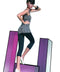 Nina Capri Leggings, black capri leggings worn with a geometric patterned top and white shoes, posed against colorful geometric shapes.