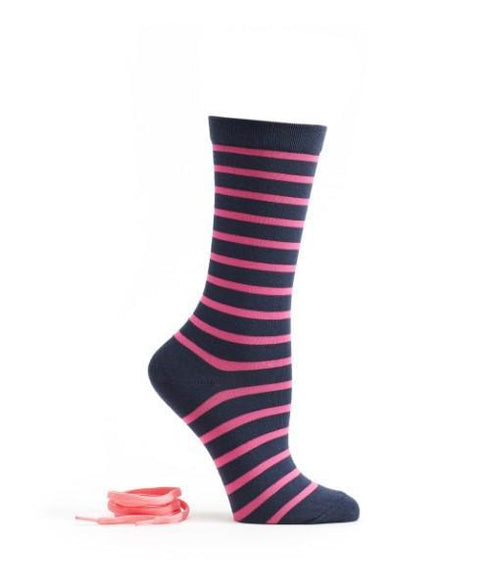 Stripes And Neon Socks and Shoelaces, socks, have a navy blue base with pink horizontal stripes, shown in a side view with matching shoelaces beside them.