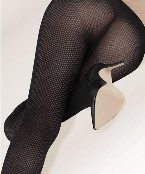 Nyc Sheer Patterned Tights, tights with a black base color and small diamond patterns, worn with a black heel.