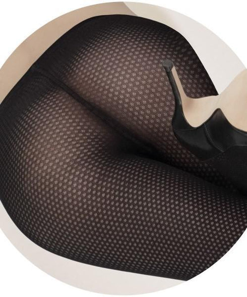 Sheer black patterned tights with a small diamond design, worn with a black high-heeled shoe.