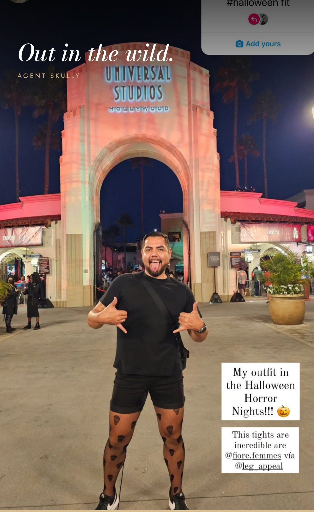 Customer wearing Agent Skully skull-pattern tights at a Halloween event