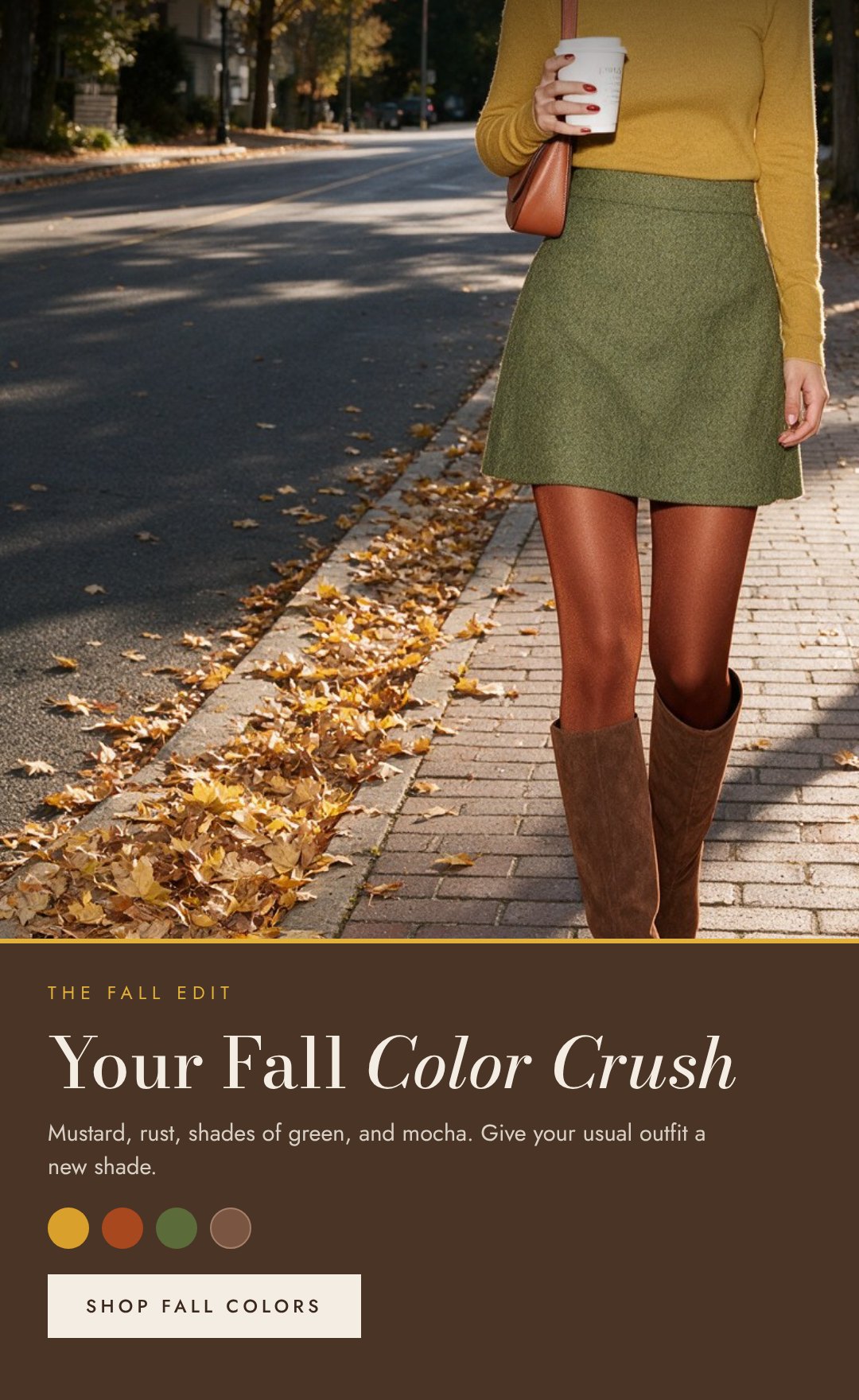 Woman in rust tights, mustard turtleneck and moss green mini skirt