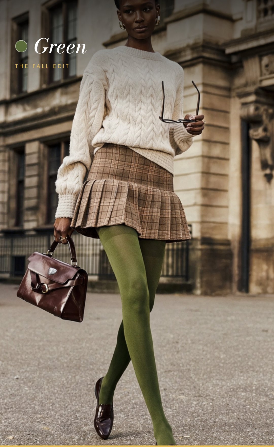 Woman in green tights, cream cable-knit sweater and plaid mini skirt