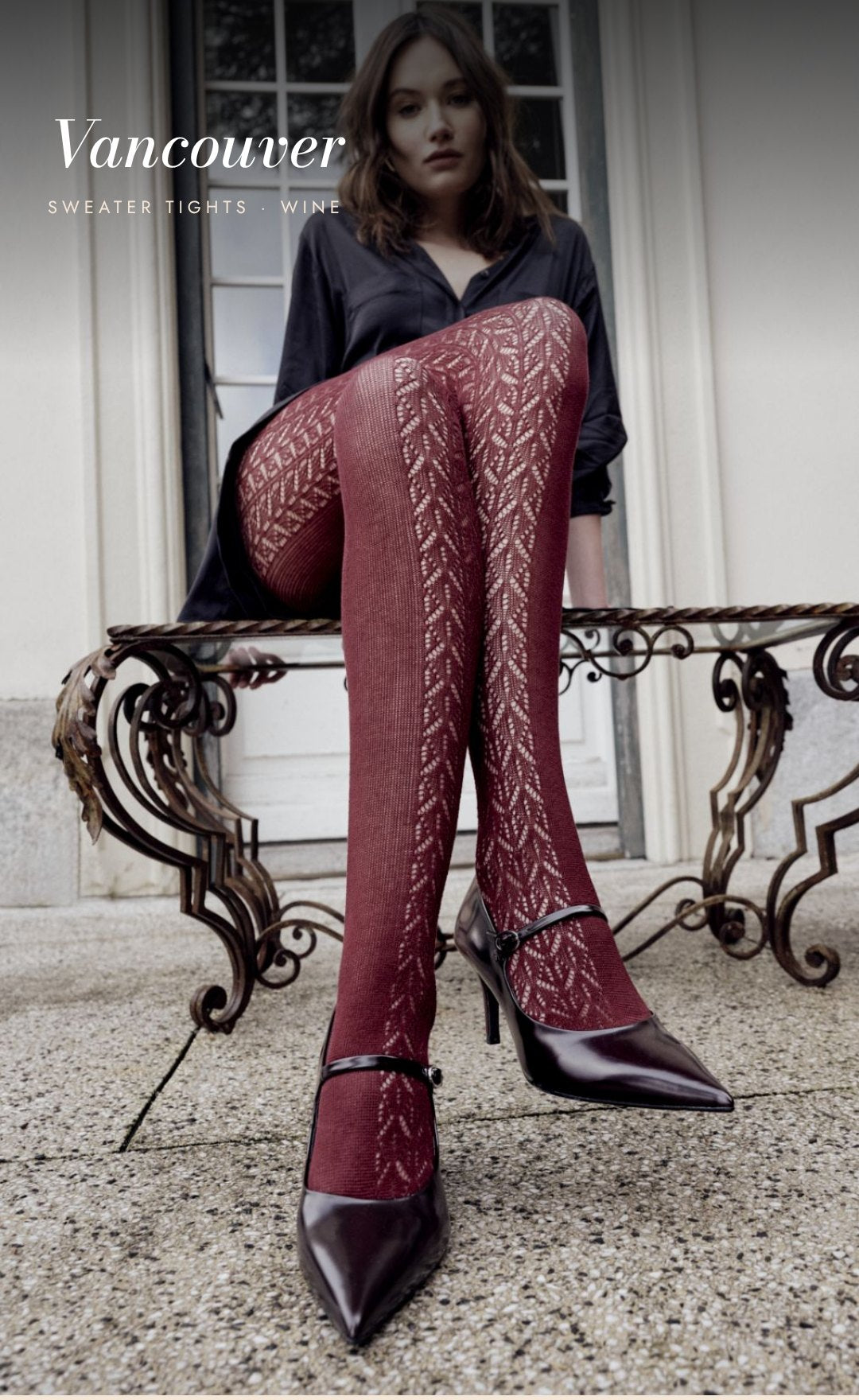 Woman in wine Vancouver sweater tights and black pumps