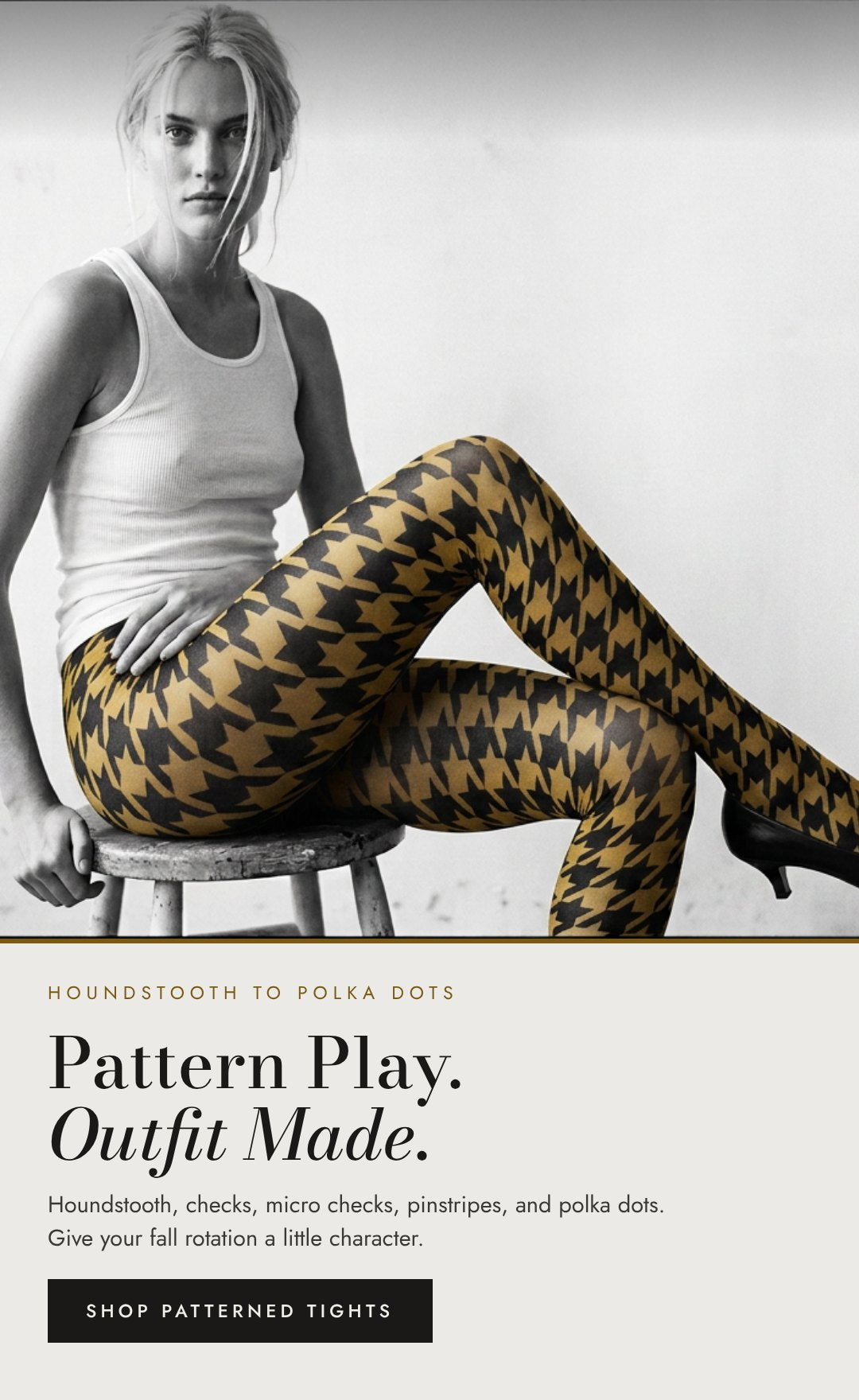 Model wearing mustard and black houndstooth tights